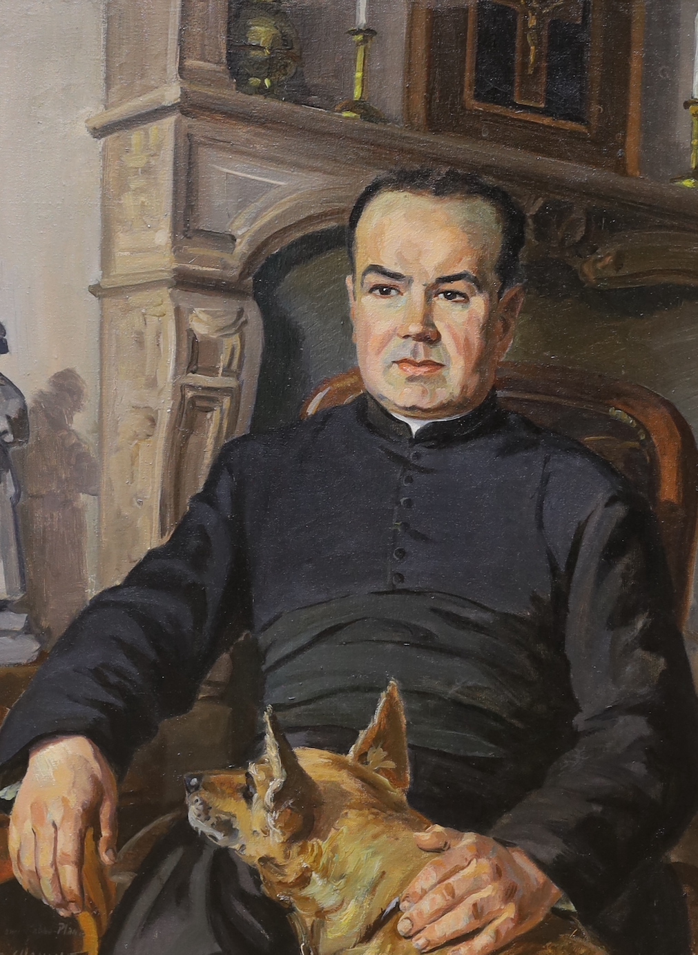 Ernest Chanonat (French, 1907-1995), oil on canvas, Portrait of a curate seated with his dog, signed with presentation inscription and dated '43, 60 x 45cm